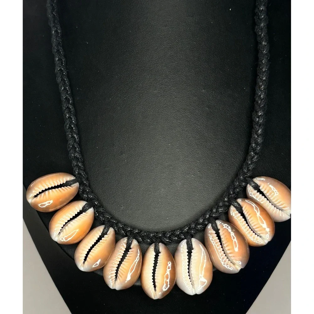 Vintage Cowrie Shell Braided Cord Necklace 20 Inch Boho Coastal Beach Jewelry